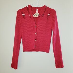 By Anthropologie V-Neck Strappy Cardigan Ribbed Sweater Womens Red Small Cropped